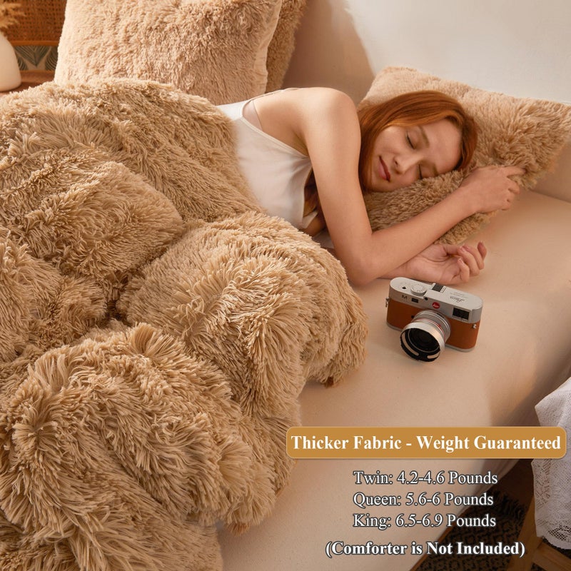 XeGe Plush Shaggy Duvet Cover, Luxury Ultra Soft Crystal Velvet Fuzzy Bedding 1PC(1 Faux Fur Duvet Cover), Fluffy Furry Comforter Cover with Zipper Closure(Queen, Camel) - Image 3
